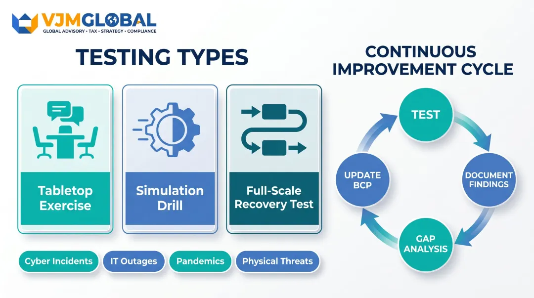 BCP testing types and best practices cycle infographic for financial institutions