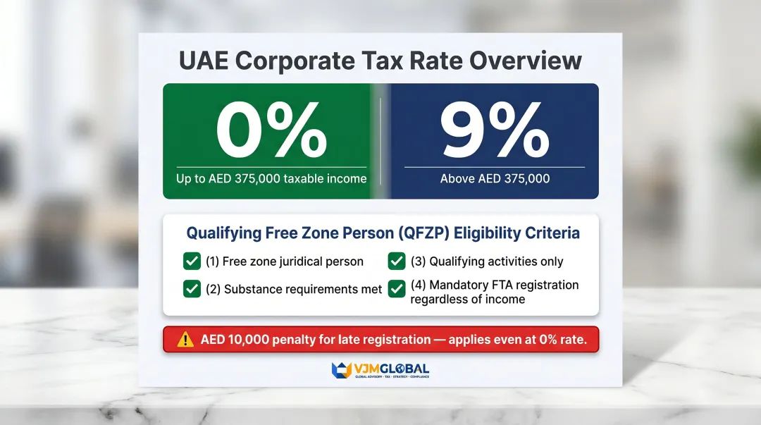 UAE corporate tax rates and QFZP qualifying free zone person conditions explained