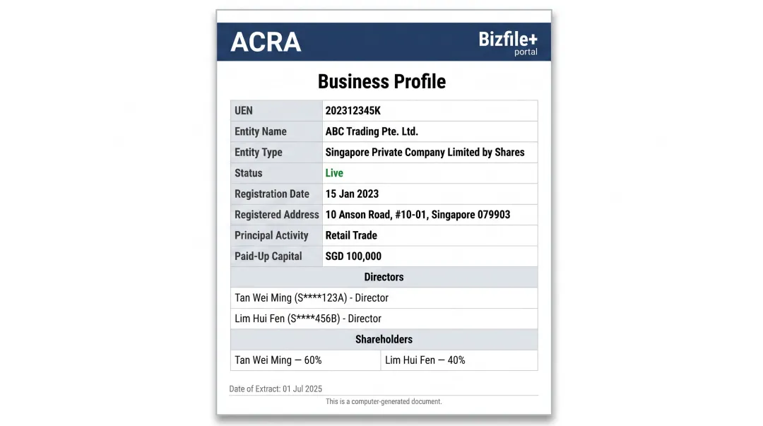 ACRA Bizfile business profile extract showing Singapore company registration details