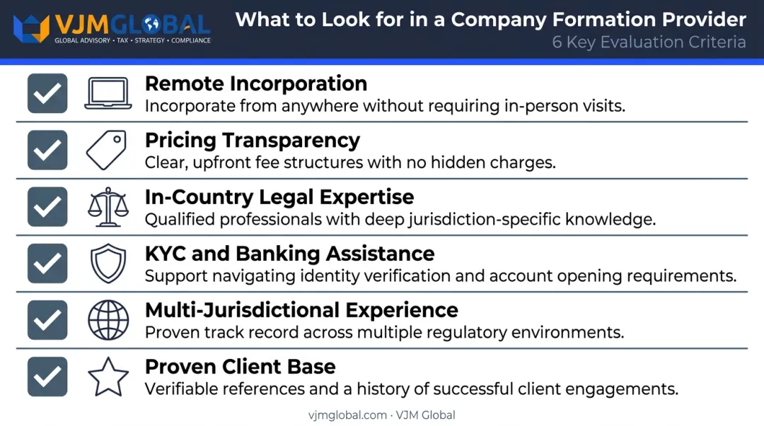 Six key evaluation criteria checklist for international company formation services