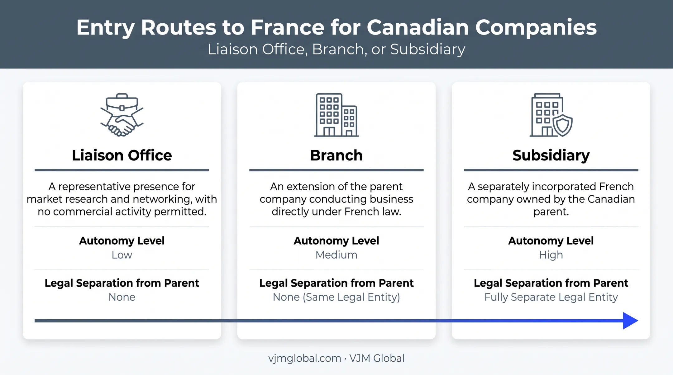 Liaison office versus branch versus subsidiary entry options for France expansion