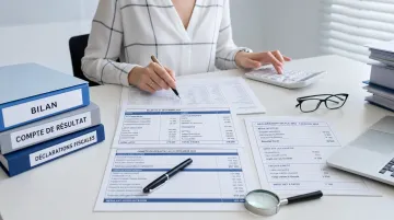 French accountant reviewing annual financial statements and compliance documents