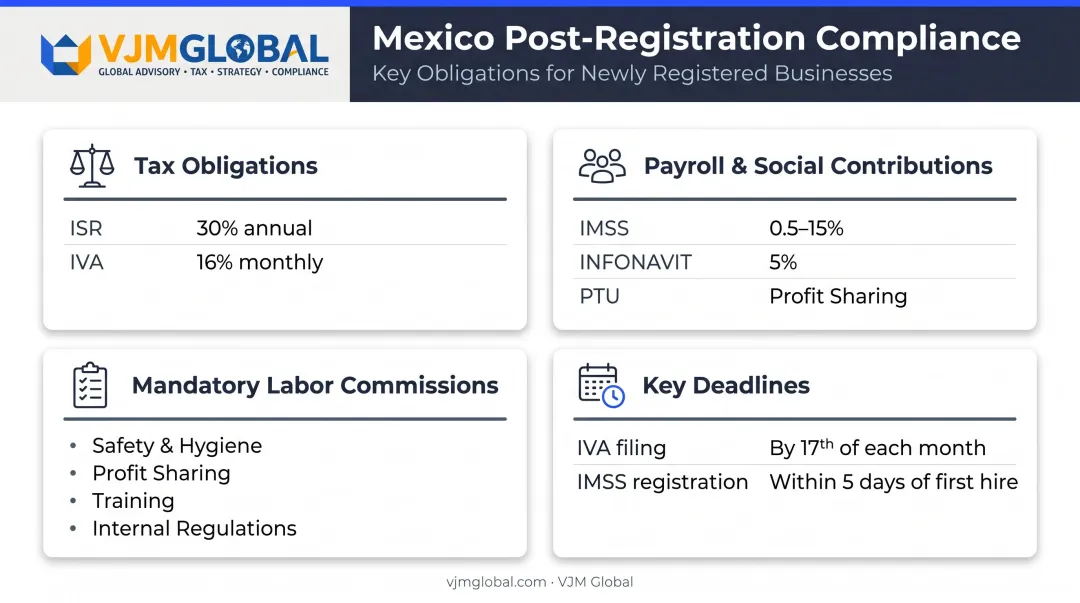Mexico mandatory employer compliance obligations including taxes payroll IMSS and labor commissions