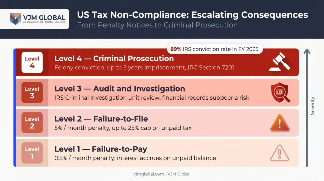 US tax non-compliance penalty types rates and criminal consequences breakdown infographic