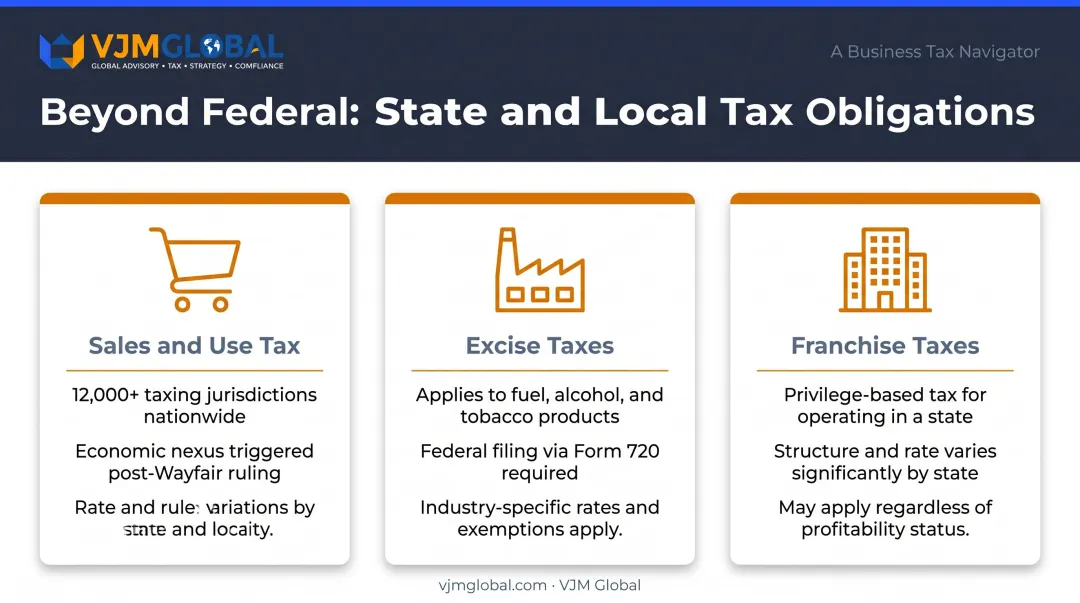 Three types of US state and local business tax obligations explained side by side