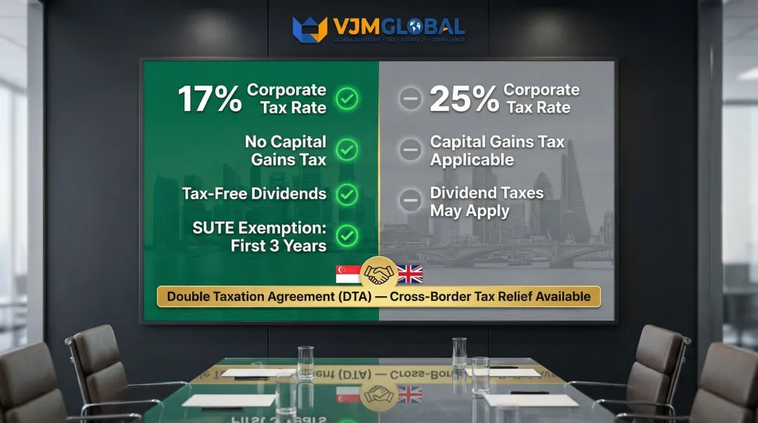 Singapore versus UK corporate tax rate comparison showing key tax advantages for UK businesses