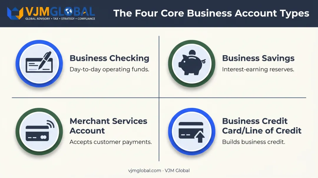Four types of business bank accounts checking savings merchant services and credit