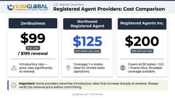 Registered agent service provider pricing comparison chart for non-resident founders