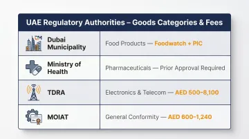 Dubai regulatory approval authorities goods categories and fee breakdown infographic