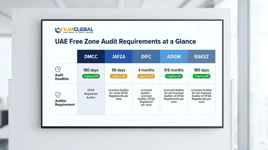 UAE free zone annual audit deadlines and approved auditor requirements comparison chart