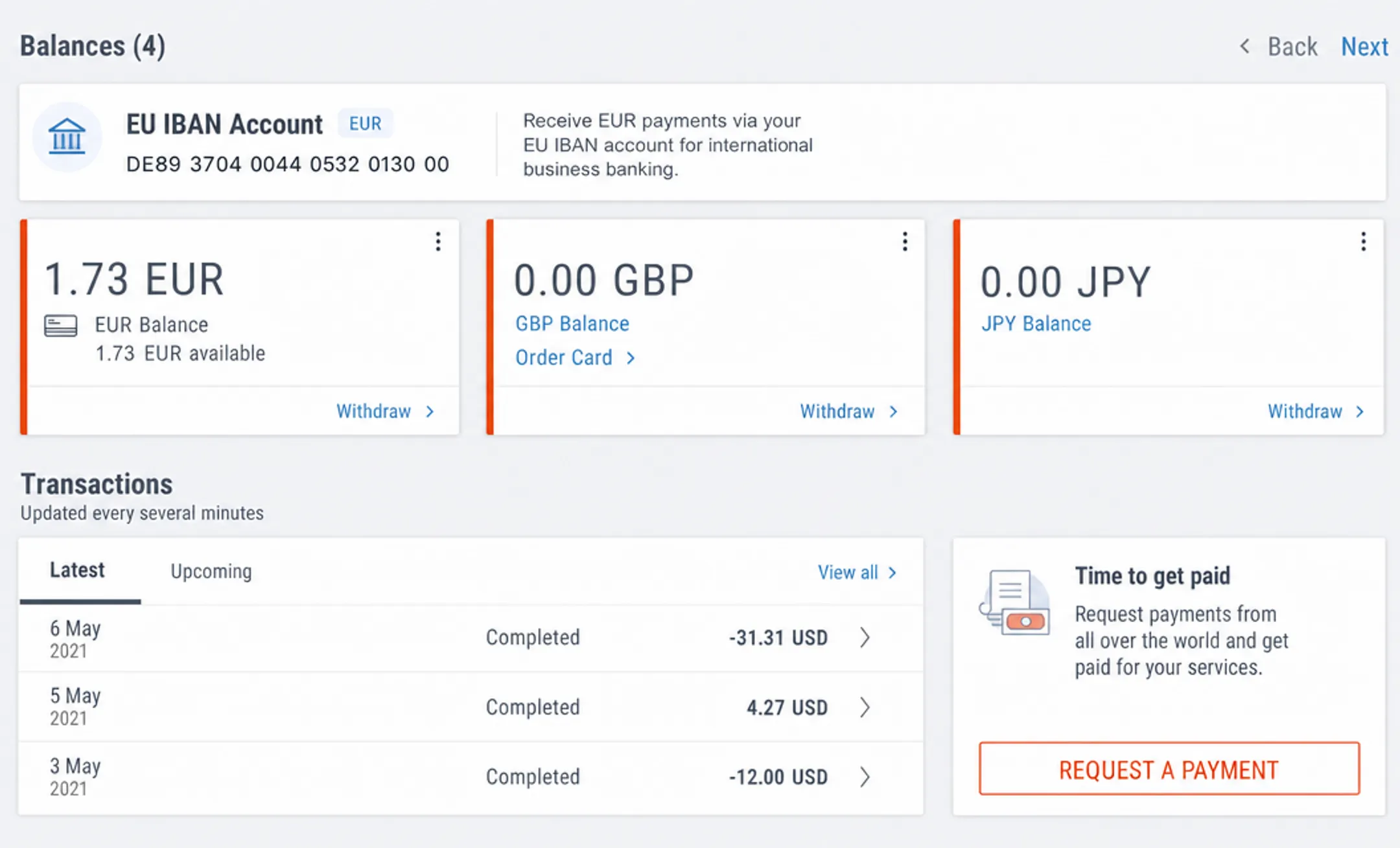 EU fintech banking app interface showing multi-currency IBAN account