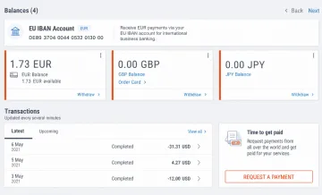 EU fintech banking app interface showing multi-currency IBAN account