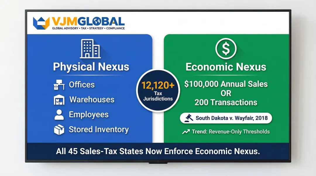 Physical nexus versus economic nexus triggers and thresholds comparison infographic