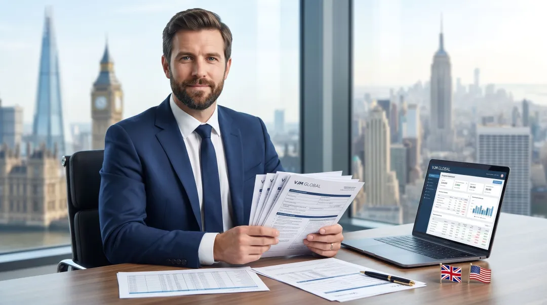 UK business professional reviewing international tax compliance documents and treaty forms at desk