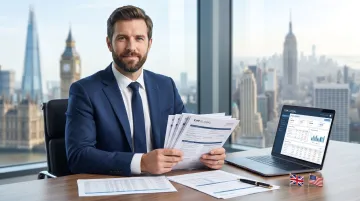UK business professional reviewing international tax compliance documents and treaty forms at desk