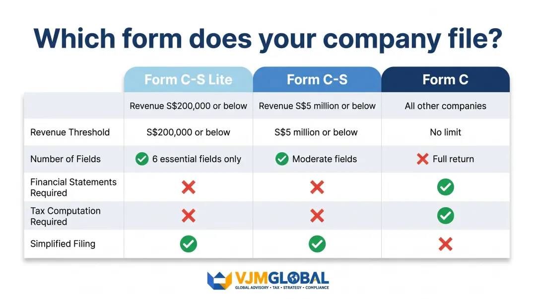 Form C-S Lite versus Form C-S versus Form C corporate tax return comparison chart