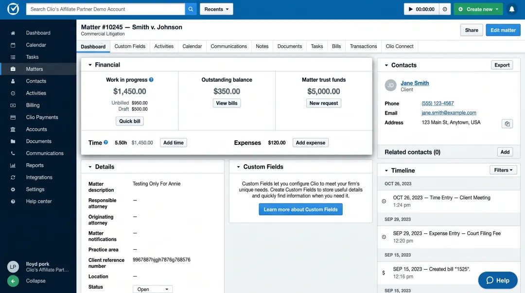Cloud legal practice management software dashboard showing matter billing and client ledgers