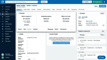 Cloud legal practice management software dashboard showing matter billing and client ledgers