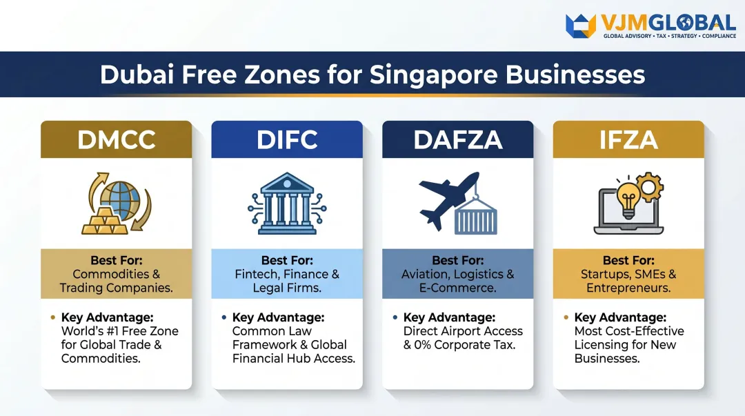 Four Dubai free zones comparison chart for Singapore businesses trading fintech services
