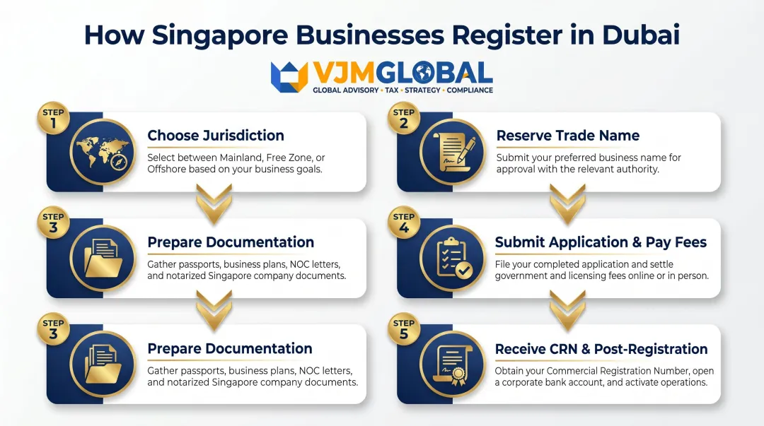 5-step Dubai company registration process for Singapore businesses obtaining CRN