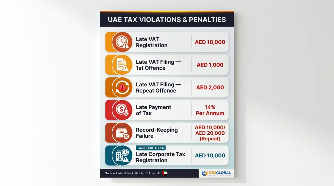 UAE VAT penalty schedule showing fines and interest rates for non-compliance