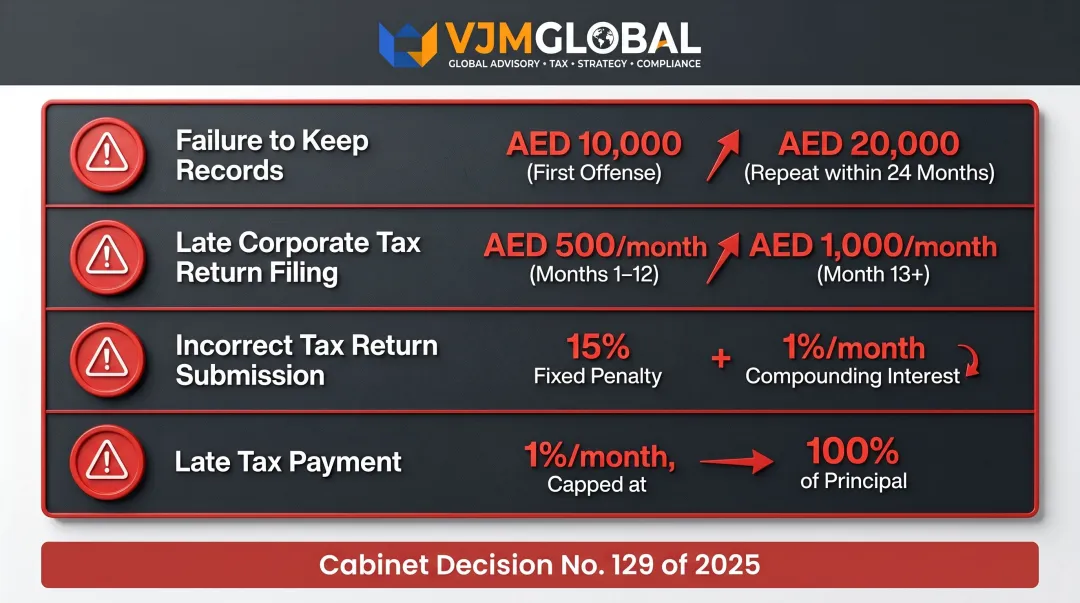 UAE FTA penalty schedule for financial reporting non-compliance under Cabinet Decision 129 2025