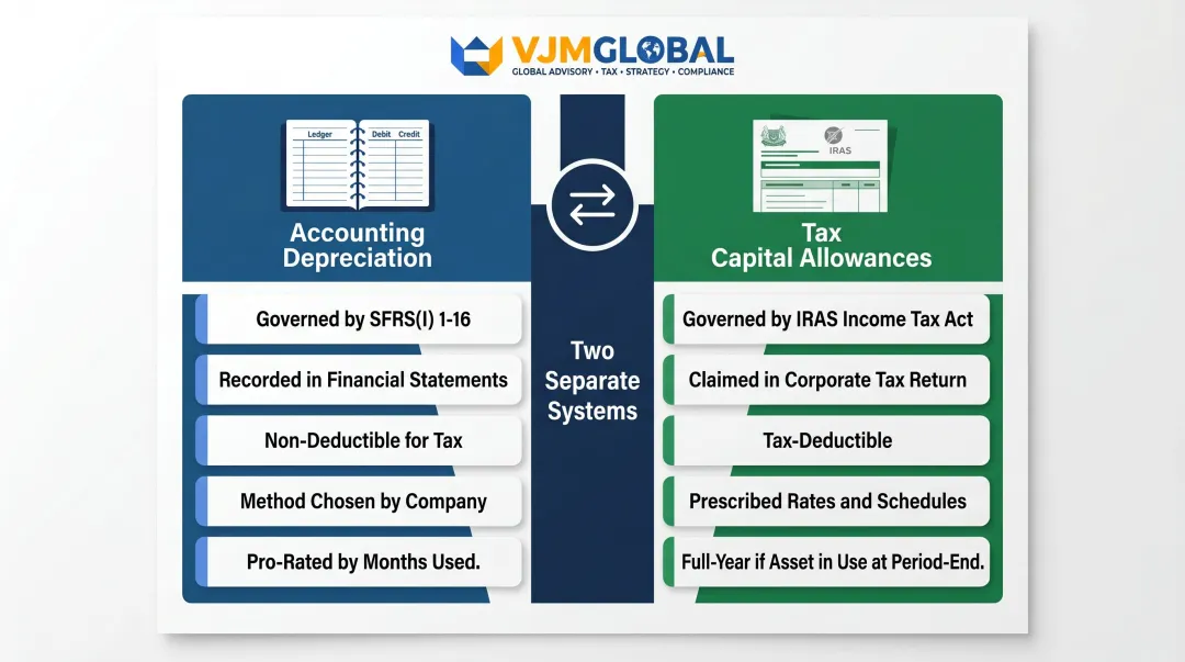 Accounting depreciation versus IRAS capital allowances two-system comparison infographic