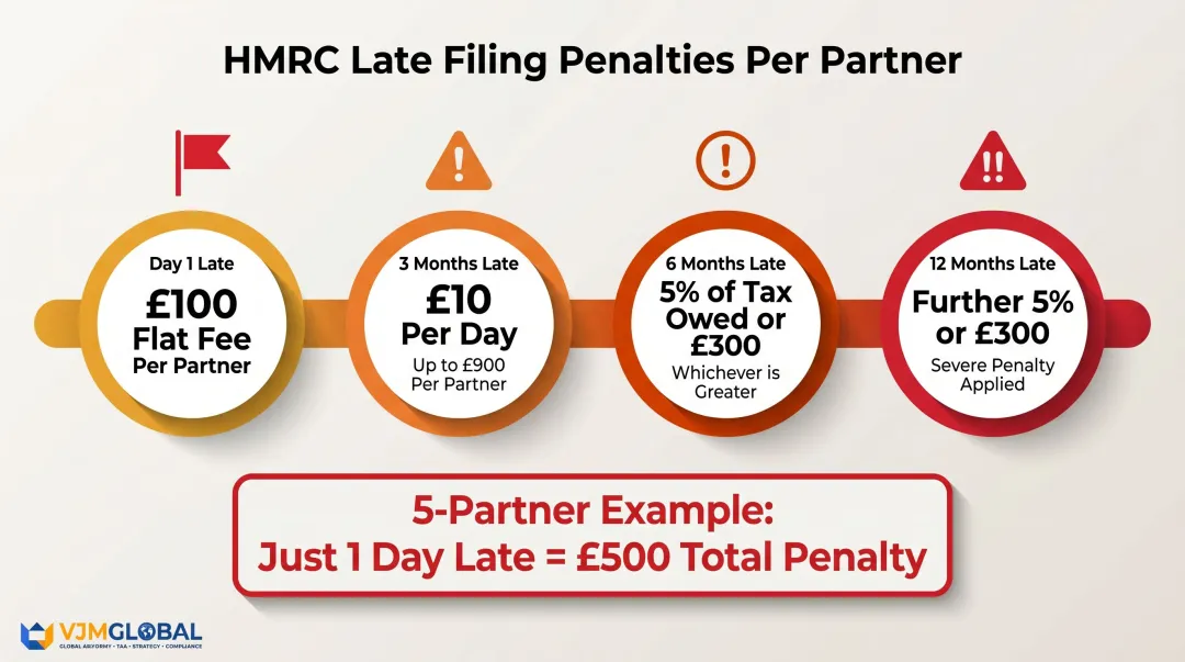 HMRC late filing penalty timeline per partner escalating from day one to twelve months