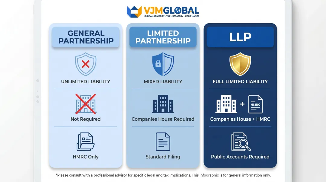 Three UK partnership types comparison chart showing liability and compliance differences