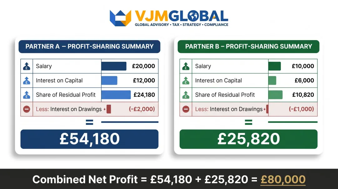 Two-partner appropriation account worked example showing profit allocation breakdown