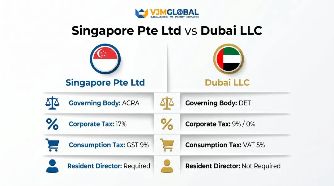 Singapore Pte Ltd versus Dubai LLC four-factor regulatory comparison side-by-side chart