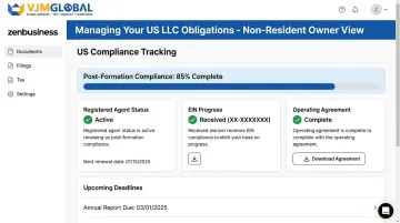 ZenBusiness LLC formation dashboard showing compliance tracking and post-filing status