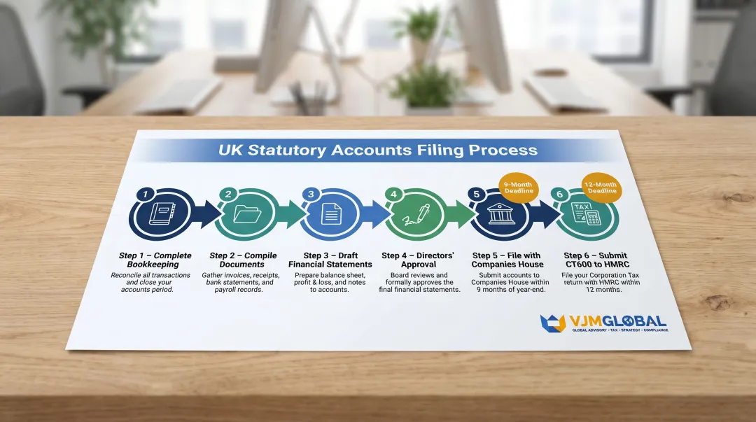 Six-step UK statutory accounts preparation and filing process flow diagram