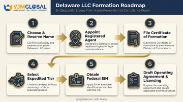 6-step Delaware LLC formation process from naming to licensing