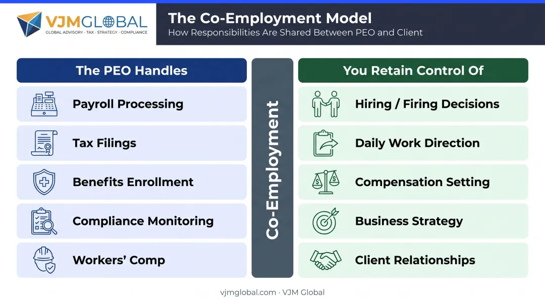 PEO co-employment model dividing HR responsibilities between business and PEO