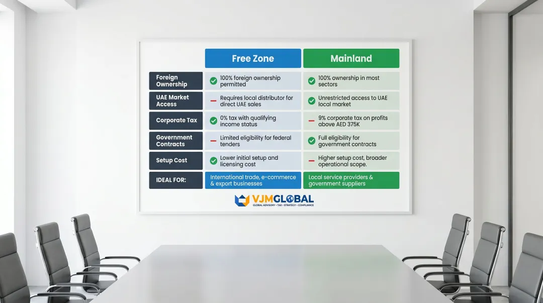 Dubai free zone versus mainland company structure comparison chart for foreign entrepreneurs