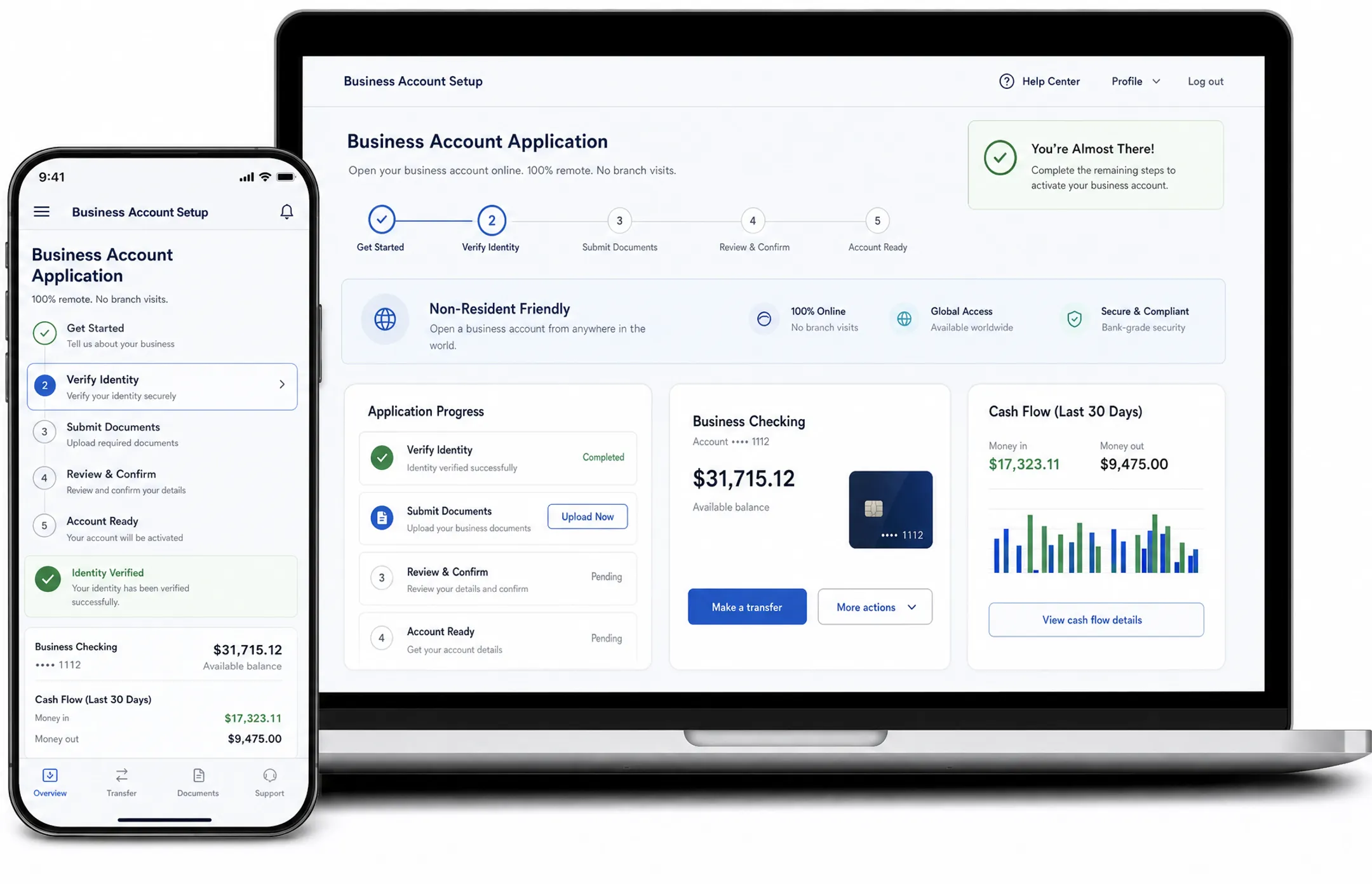Digital banking app interface for international business account setup