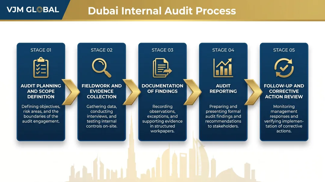 5-stage Dubai internal audit process flow from planning to follow-up