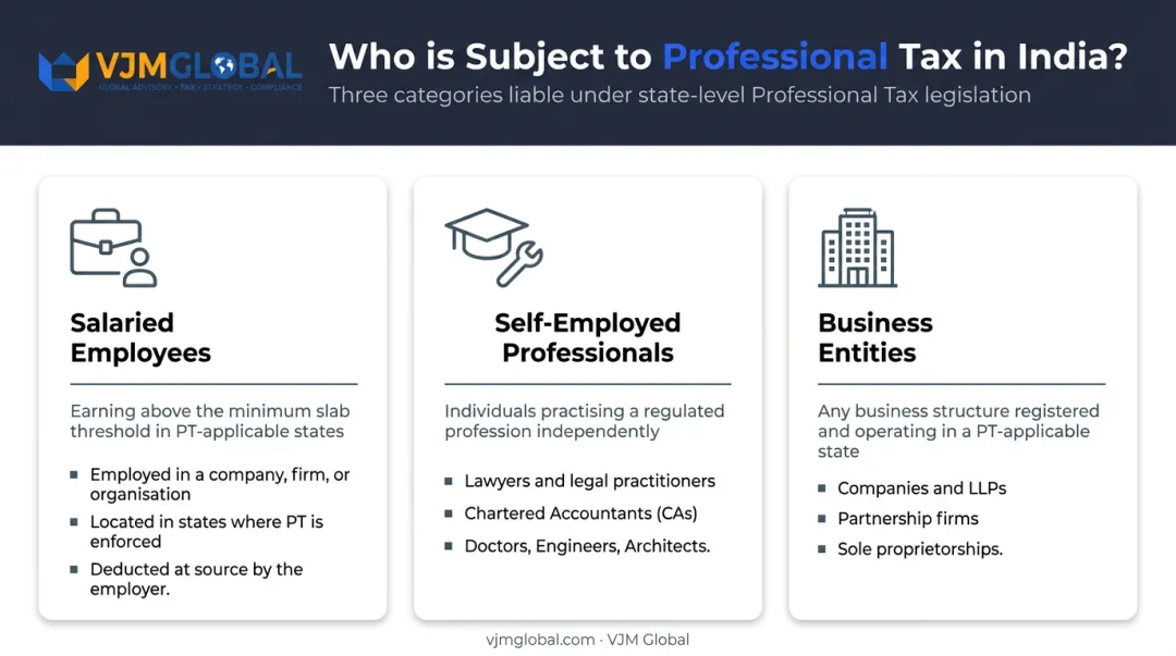 Three categories of professional tax applicability in India infographic