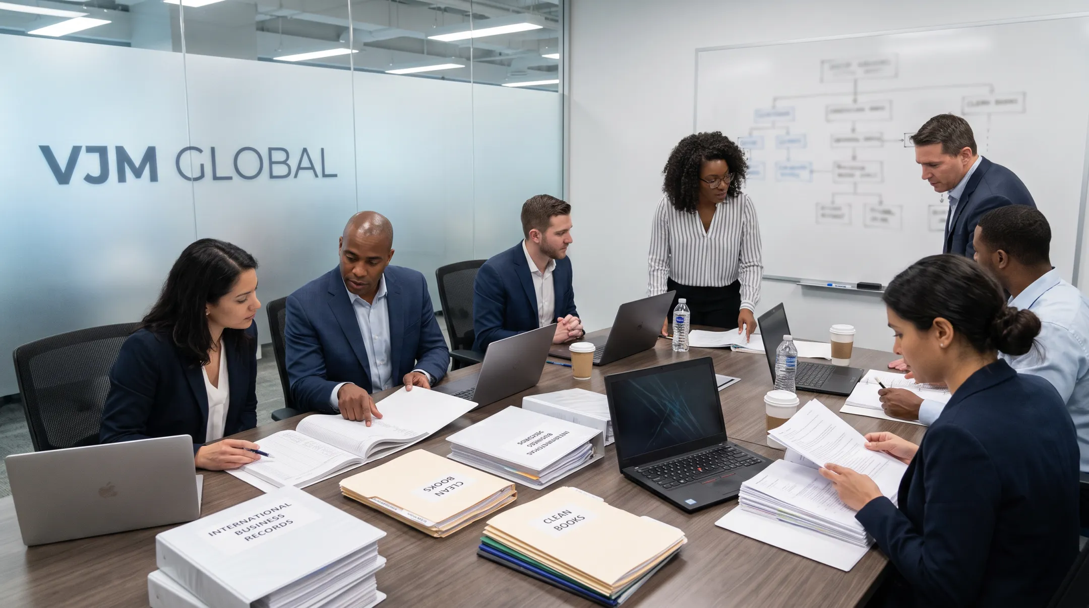 International accounting and tax compliance team reviewing business records