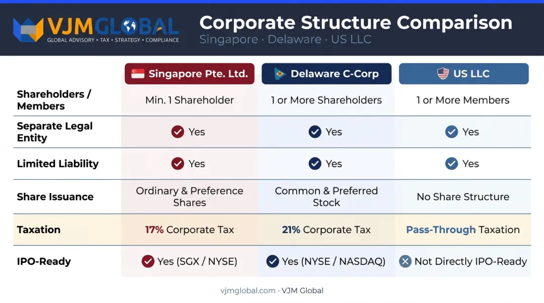 Singapore Pte. Ltd. versus Delaware C-Corp versus US LLC comparison table infographic