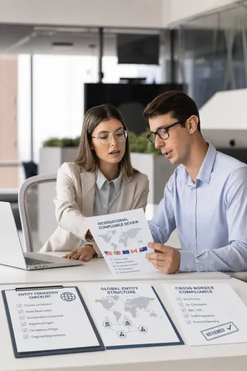 Cross-border business consultants reviewing international compliance documents together