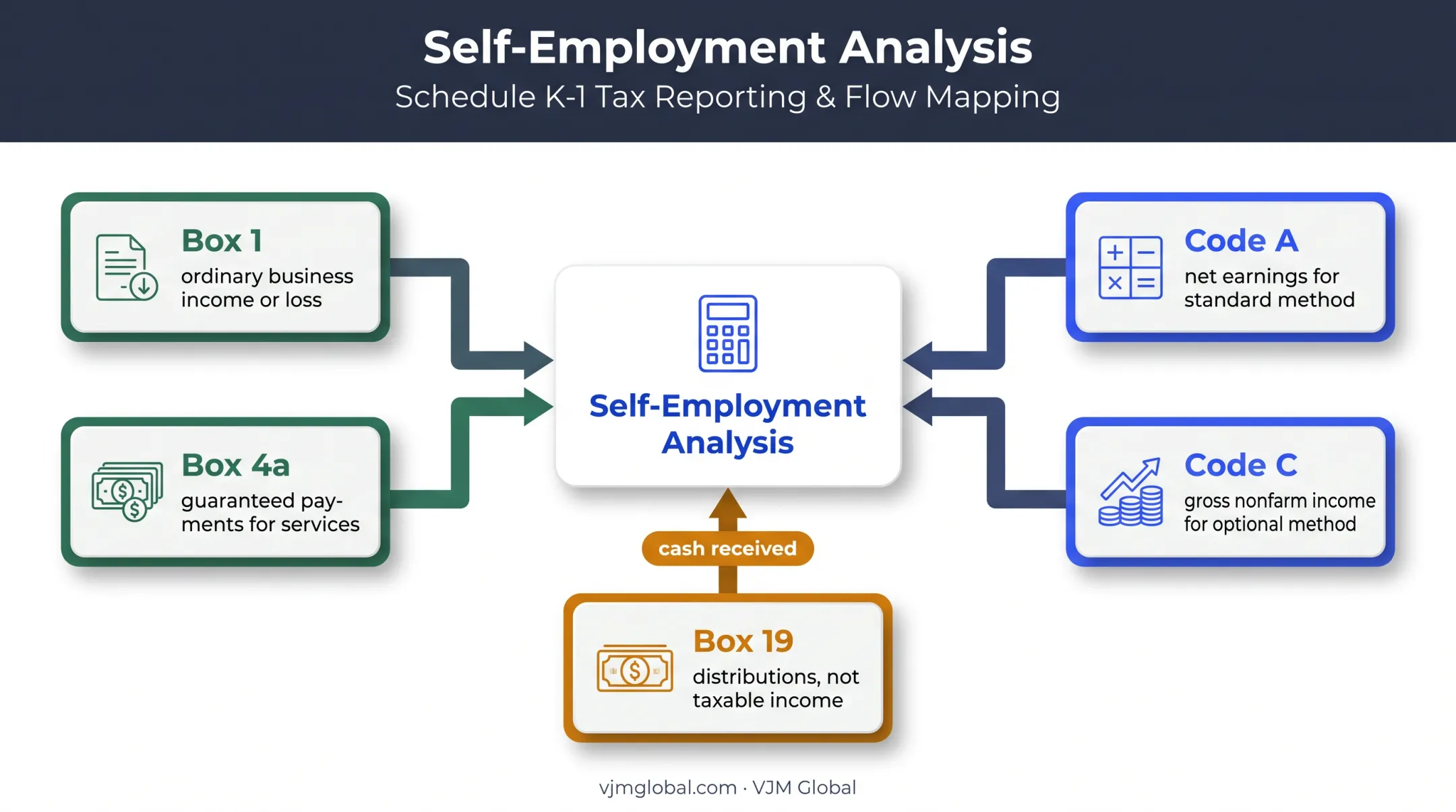 K-1 boxes and codes showing income distributions and self employment treatment