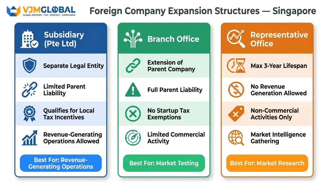 Singapore business structure comparison subsidiary branch office representative office for foreign companies