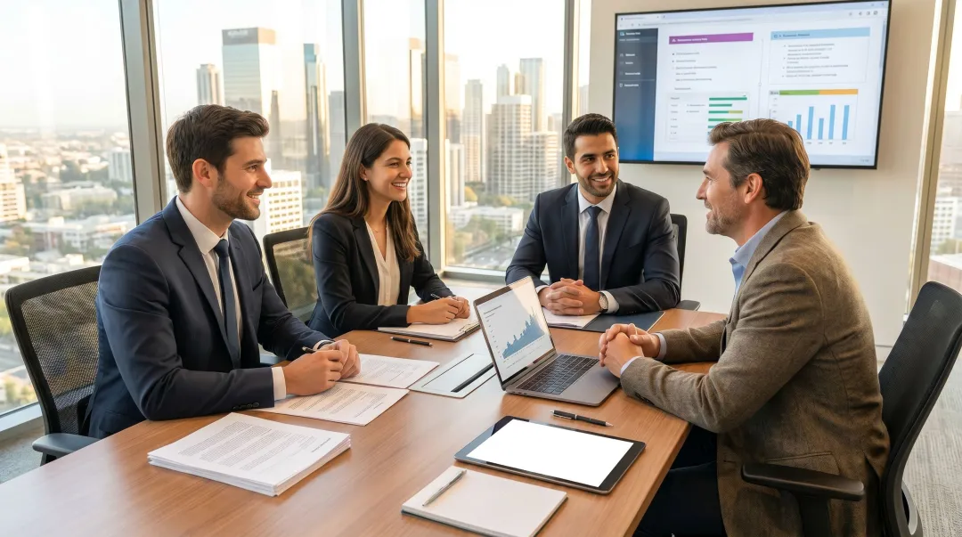 Mid-tier accountancy firm partners meeting with business clients in modern boardroom
