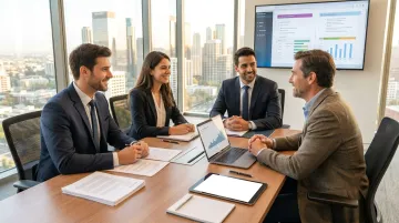 Mid-tier accountancy firm partners meeting with business clients in modern boardroom