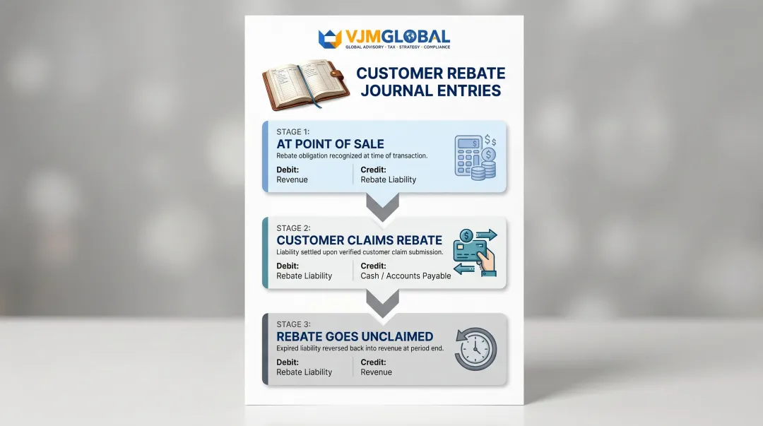 Three-step customer rebate journal entry process from sale to settlement infographic