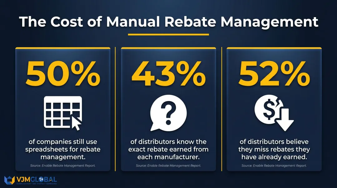 Rebate management statistics showing distributor knowledge gaps and spreadsheet dependency rates