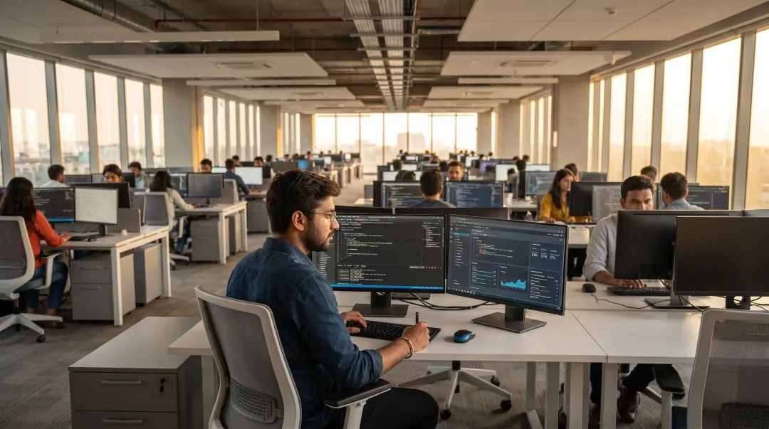 Modern tech hub office with software engineers working on development workstations