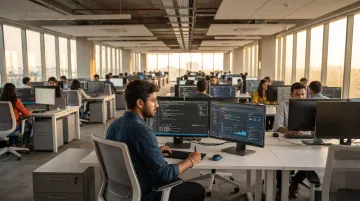 Modern tech hub office with software engineers working on development workstations